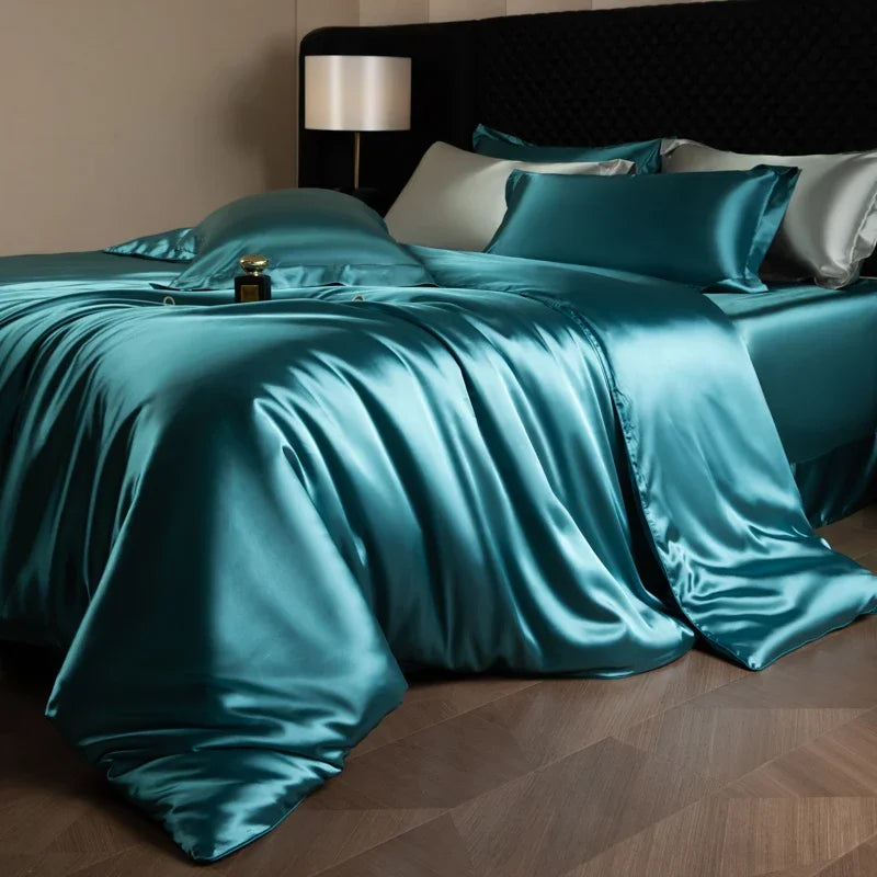 Silk Bed Sheets Set Luxury Bedding Set with Duvet Cover Fitted/Flat Bedheet Pillowcases Mixed with Rayon King Queen Full Twin