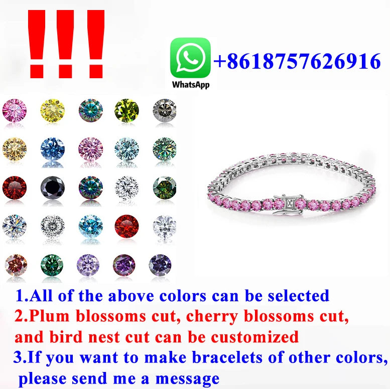 3MM Pink Full Moissanite Tennis HipHop Blue Green Yellow Purple Bracelet S925 Sliver Plated White Gold Bracelet for Women Men