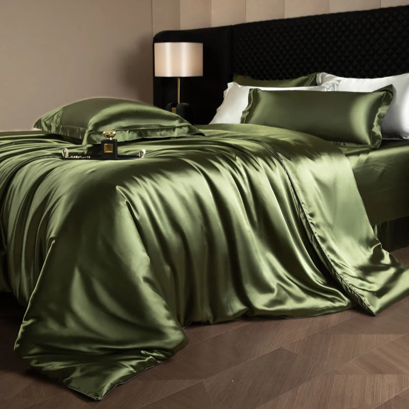 Silk Bed Sheets Set Luxury Bedding Set with Duvet Cover Fitted/Flat Bedheet Pillowcases Mixed with Rayon King Queen Full Twin