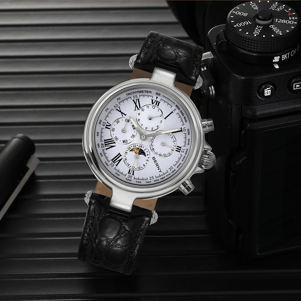 BERNY Retro-Automatikuhr für Herren mit Sonnen- und Mondphasenanzeige, luxuriöse mechanische Armbanduhr, leuchtende Möwe ST1652, klassische Herrenuhr