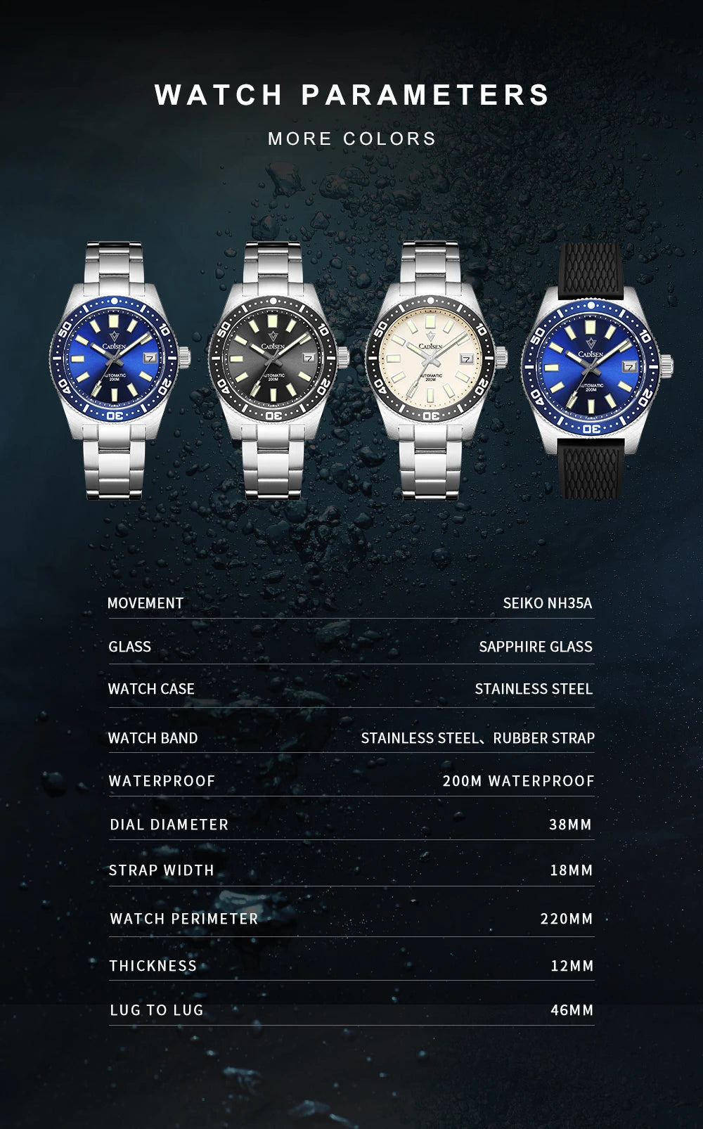 CADISEN New 38mm Diver Mens Watch Japan NH35A Automatic Mechanical Sapphire Glass Date Luminous 200M Waterproof Wrist watch Men