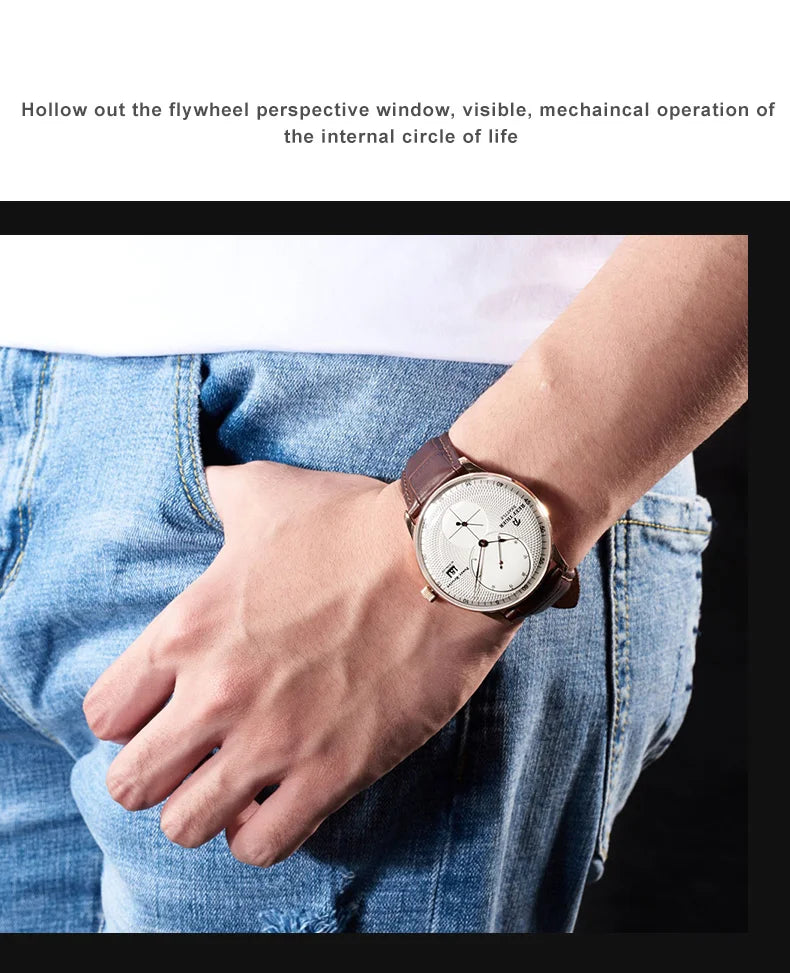 Reef-Tiger /RT Men Luxury Watch Rose Gold Mechanical Watch Brown Leather Strap Analog Watches Relogio Masculino RGA82B0