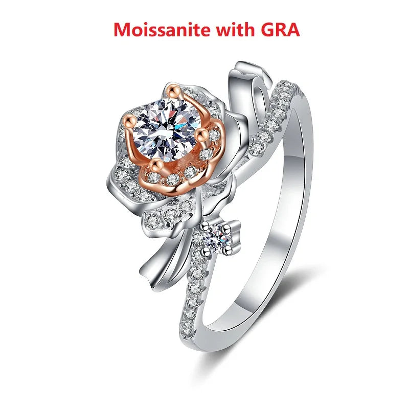 Halaile D Color Moissanite S925 Sterling Silver Rose Flower Ring Luxury Fine Jewelry Women Sparkly Bridal Wedding Gift