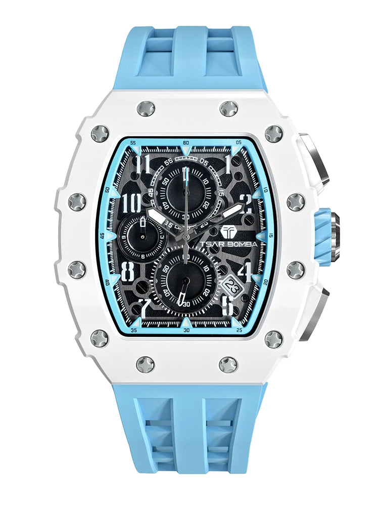TSAR BOMBA Resin Watch for Men Tonneau Waterproof Mens Watches Top Brand Luxury Chronograph Sport Male White Wristwatches