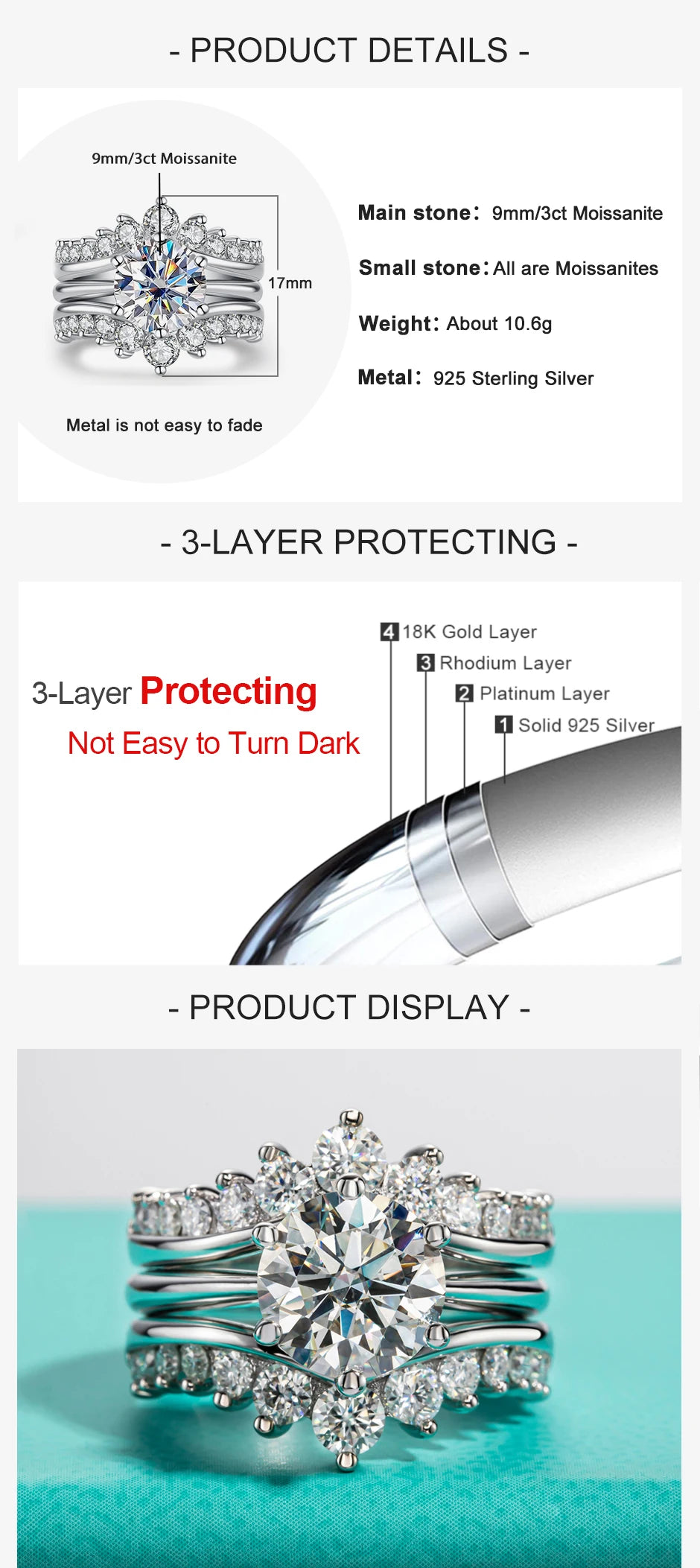 AnuJewel 3CT D Color Moissanite Wedding Bands 18k Gold Plated 925 Sterling Silver Bridal Ring Set For Girls Jewelry Wholesale