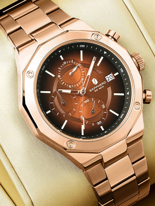 SAPPHERO Rose gold Watch Mens Watch Luxury  Stainless Steel Quartz Watch Business Waterproof Luminous Calendar Wristwatch Gift