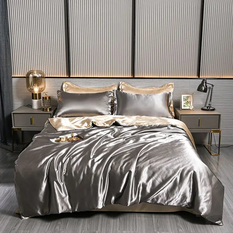 Luxury Blending Natural Mulberry Silk Duvet Cover Set with Fitted Sheet High-end Satin Silky King Size Bedding Set Queen Bed Set