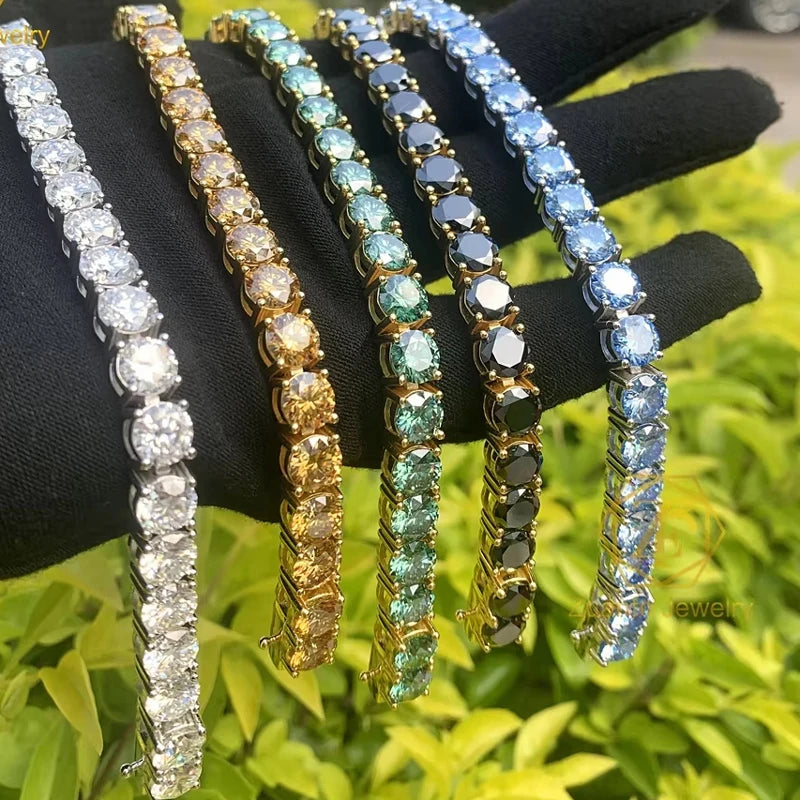 3MM Pink Full Moissanite Tennis HipHop Blue Green Yellow Purple Bracelet S925 Sliver Plated White Gold Bracelet for Women Men