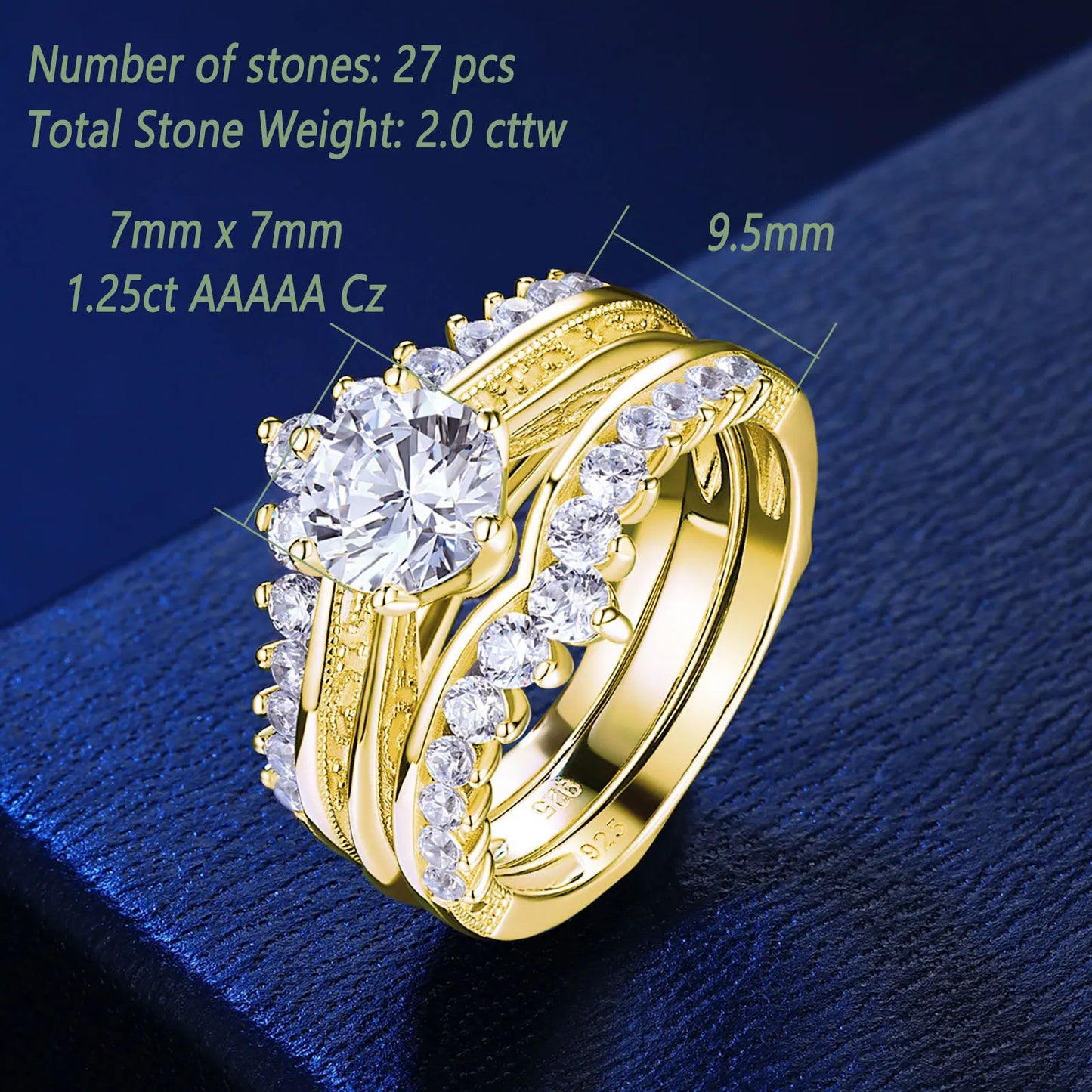 Newshe 14k Yellow Gold Bridal Ring Set for Women 2Ct Round Cut AAAAA Cubic Zircon Wedding Engagement Anniversary Band BR1167_Y