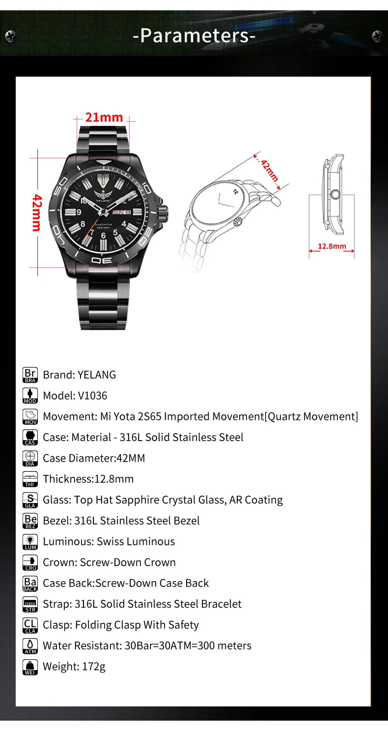 YELANG  V1036 42mm Men Quartz Watch Luminous 10 Years Lithium Movement Rotated Dial 30ATM 300m Waterproof Military Style Watches