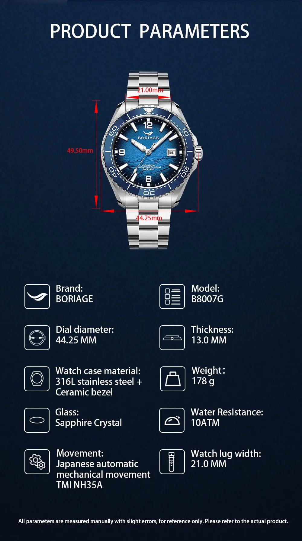 BORIAGE NH35 Automatic Mechanical Watches Luxury Men's Watch Stainless Steel Water resista 100m Dive Watches Luminous Wristwatch