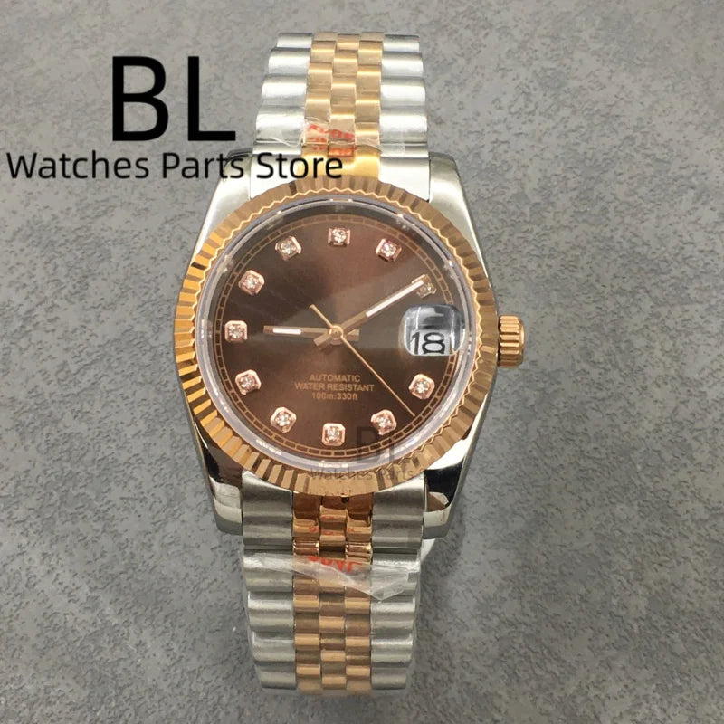 BLIGER Luxury Brown Dial Diamond Time Marks Watches For Men 36mm39mm Two Tone Rose Gold NH35 Movement Sapphire Glass Waterproof