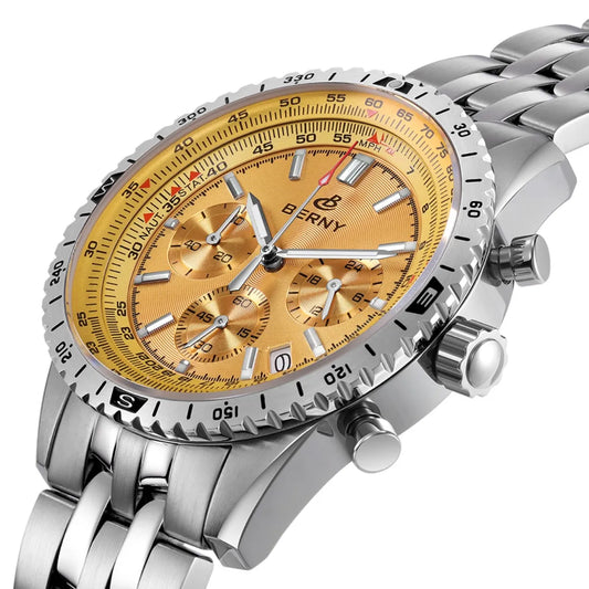 BERNY Aviation Pilot Men's Watches Quartz Chronograph Watch Date Sapphire Super Luminous Luxury Brand Dress Man Wristwatch