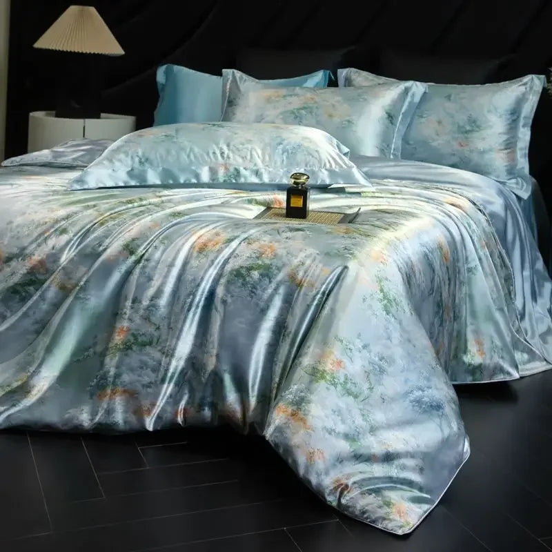 100% Natural Mulberry Silk Fitted Sheet Bedding Sets 3D Printed Satin Cooling Quilt Cover Set for Summer Single Double Bed Kit