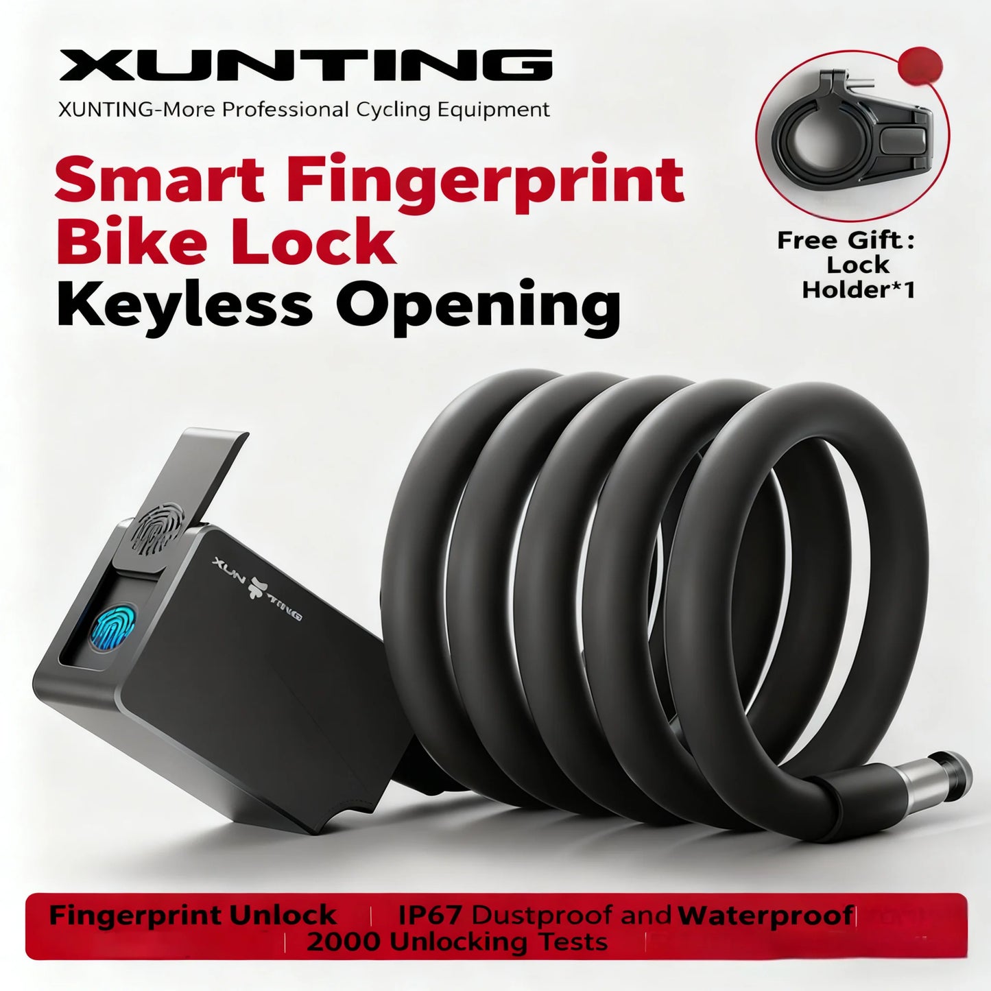 XUNTING Smart Fingerprint Bike Lock, App Control Keyless 10mm Steel Cable Anti-Theft Security for Bicycle Motorcycle E-Bike IP67