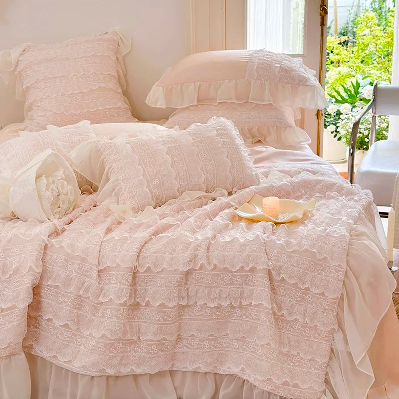 100%Eucalyptus Lyocell Cream White Lace Soft Silky Textured Wrinkle-Free Summer comforter Blanket 1Pc Flat sheet 2Pillow shams