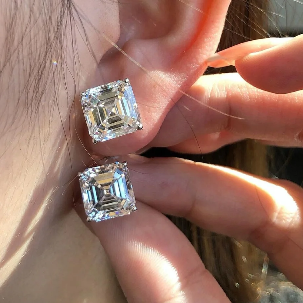 1/2/3CT Asscher Cut Moissanite Stud Earrings with Certificate Square Solitaire Lab Diamond Earring for Women S925 Silver Jewelry