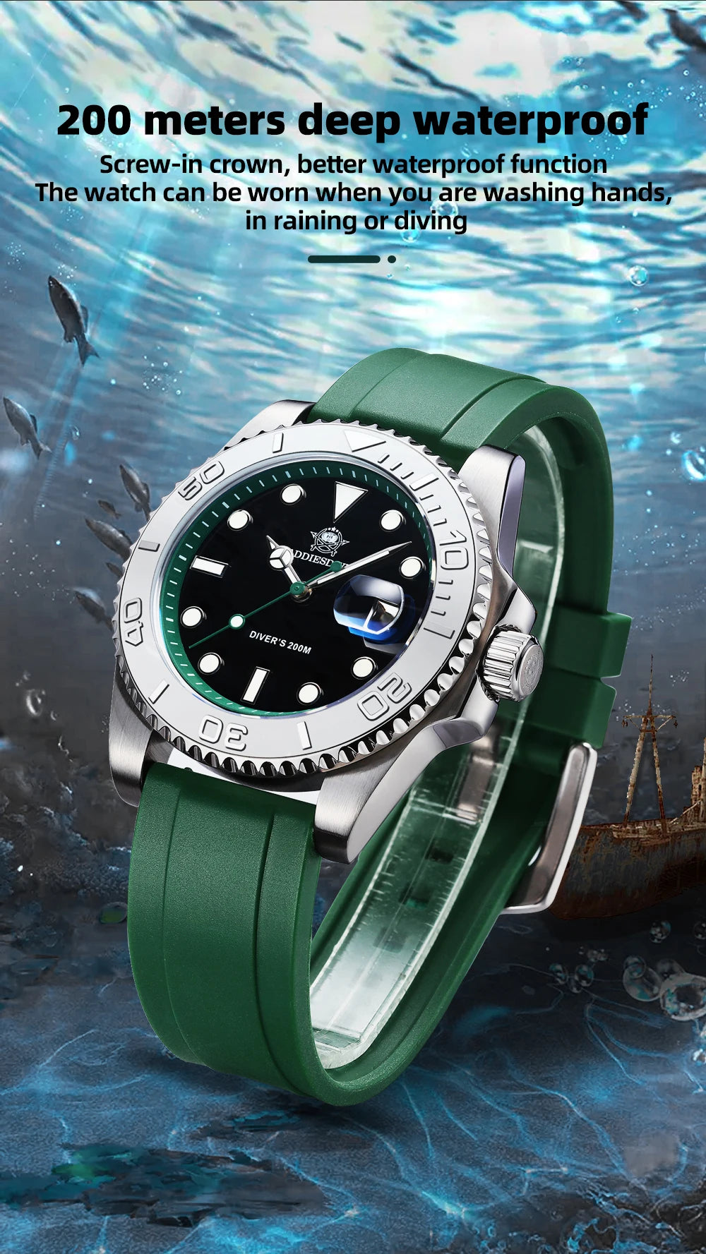 ADDIESDIVE Rotatable Bezel Watch For Men 41mm Quartz Watch Stainless Seel BGW9 Luminous Rubber Strap 200m Diving Men's Watch New