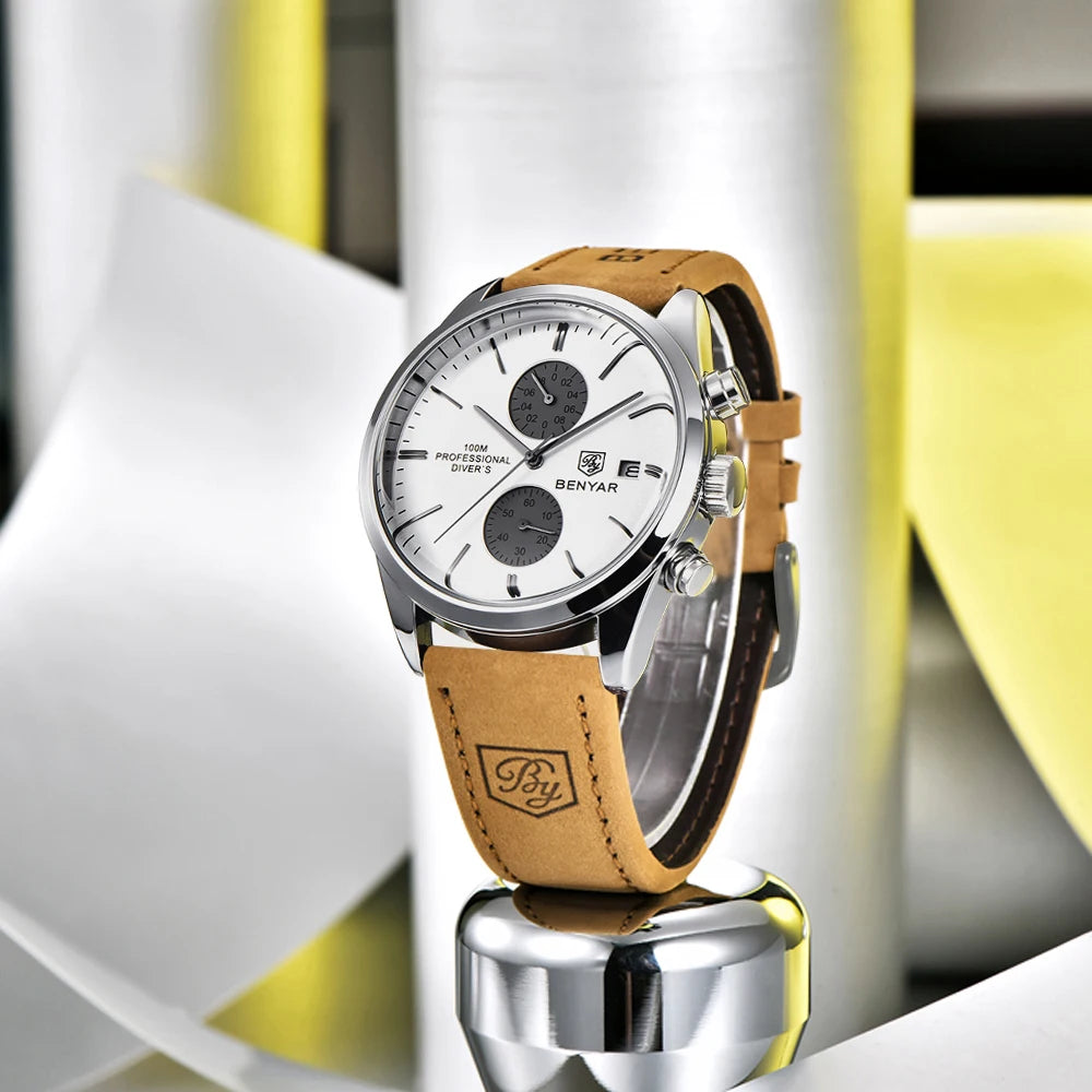 BENYAR Men Quartz Wristwatches Luxury Brand Chronograph Leather Sports Watch For Men Military 100M Waterproof Reloj Hombre 2023