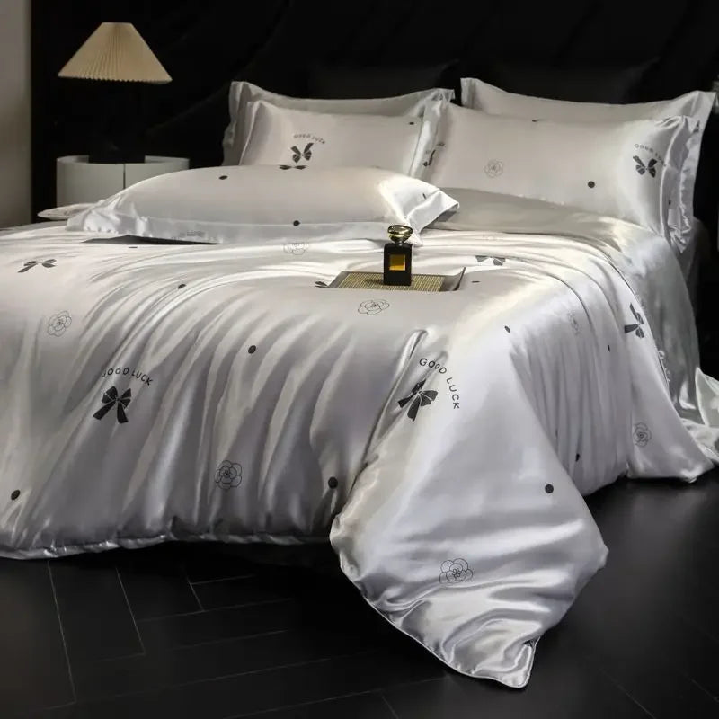 100% Natural Mulberry Silk Fitted Sheet Bedding Sets 3D Printed Satin Cooling Quilt Cover Set for Summer Single Double Bed Kit