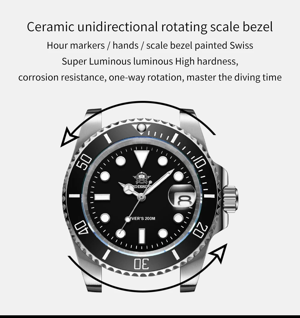 ADDIESDIVE Quartz Watch Classic Stainless Steel Ceramic Bezel Business Men's Watch BGW9 Luminous 200m Dive Relogios Masculino