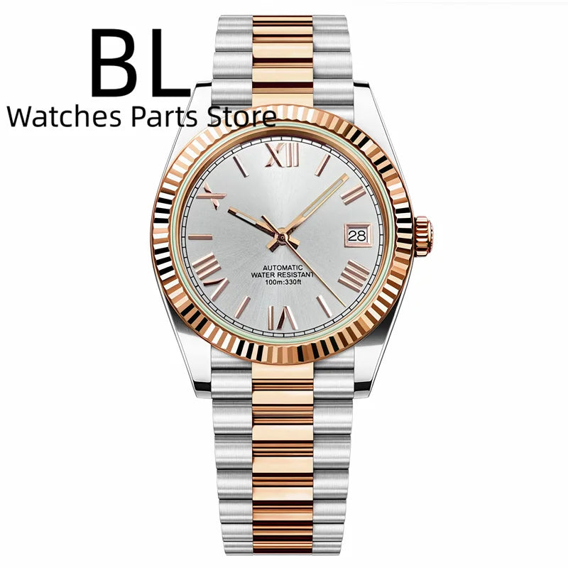 BLIGER 36mm39mm Two-tone Rose Gold Black Dial Watch For Men Date Fluted Bezel Sapphire Glass Rose Roman Index Jubille Bracelet