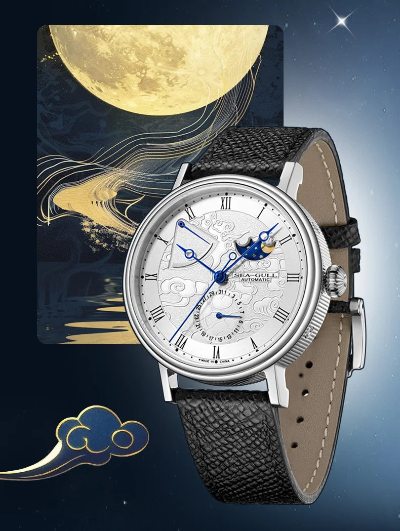 Seagull Moon Phase Watch Auspicious Clouds Special Edition Men's Automatic Mechanical Watch Luxury 41mm Watch for Men 6199 6198