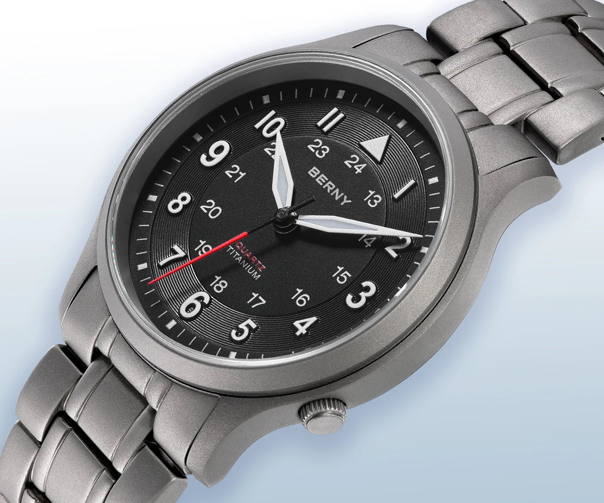 BERNY Full Titanium Watches for Men Outdoor Quartz Men's Field Pilot Wristwatch VH31 Super Luminous Sapphire Easy Read Watch