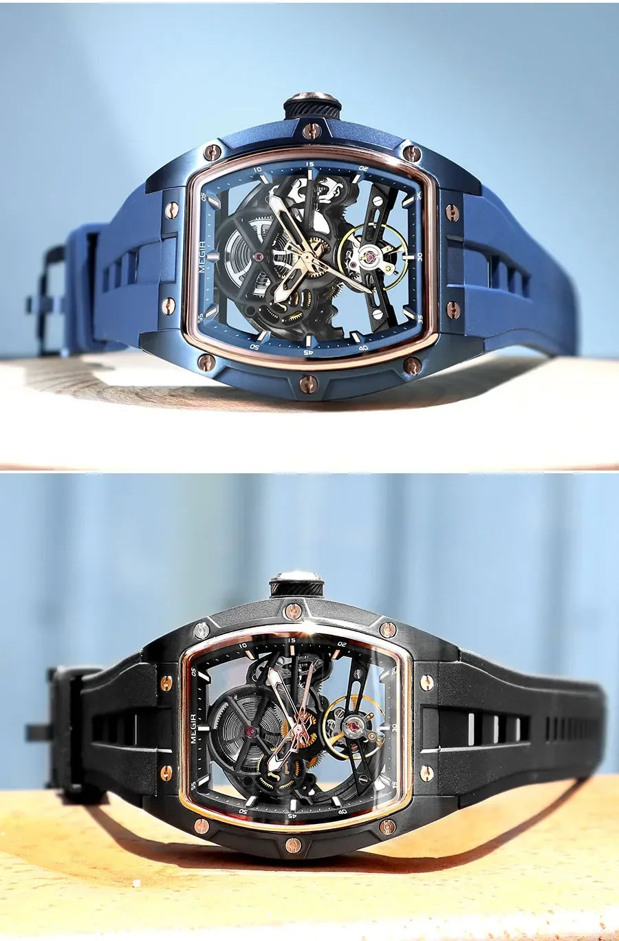 MEGIR Men's Automatic Mechanical Watch with Stainless Steel Case Silicone Band Skeleton Dial Waterproof Sport Wristwatch