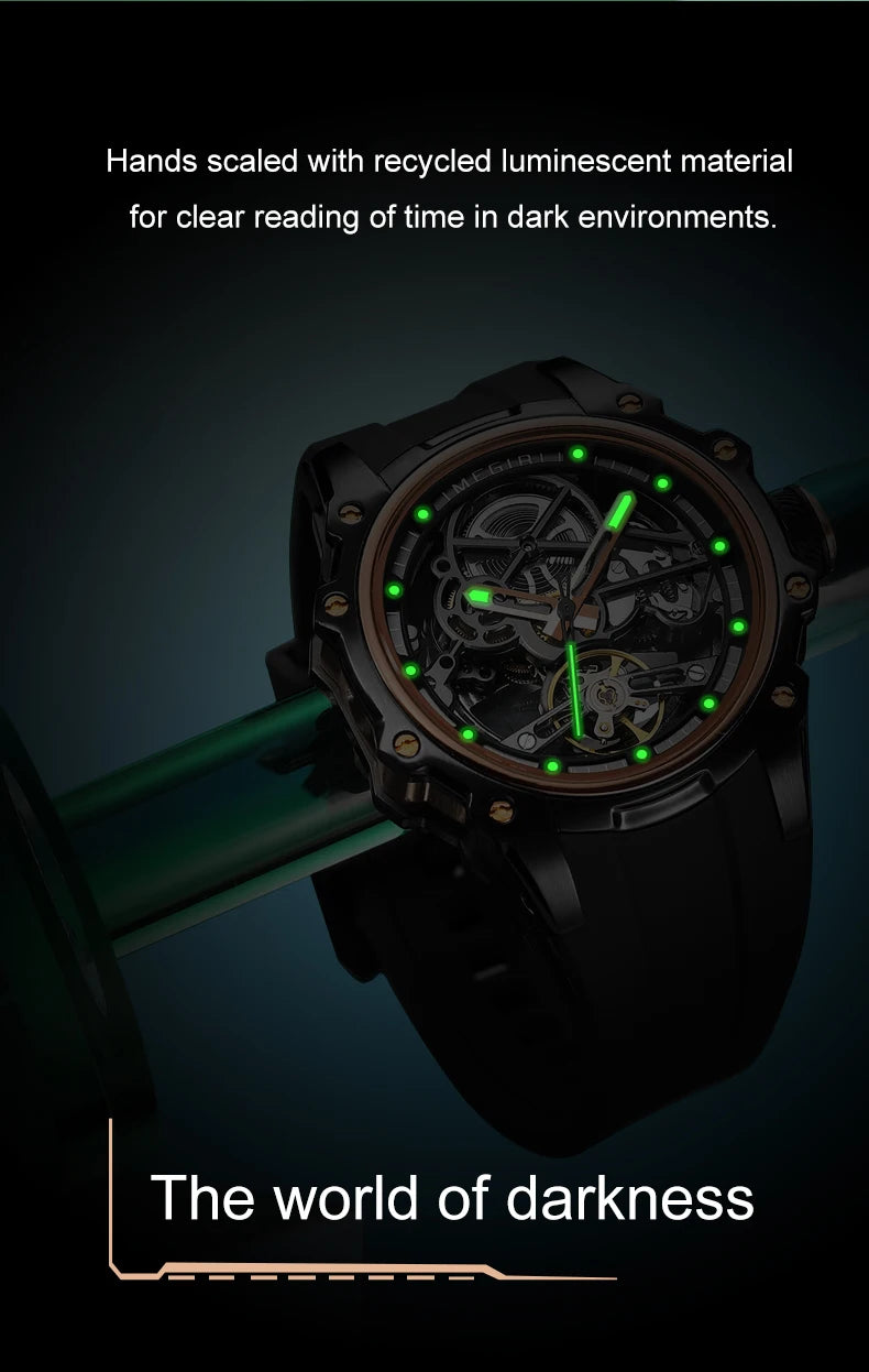 MEGIR Skeleton Dial Automatic Mechanical Watch Men Stainless Steel Case Waterproof Luminous Sport Wristwatch with Silicone Strap