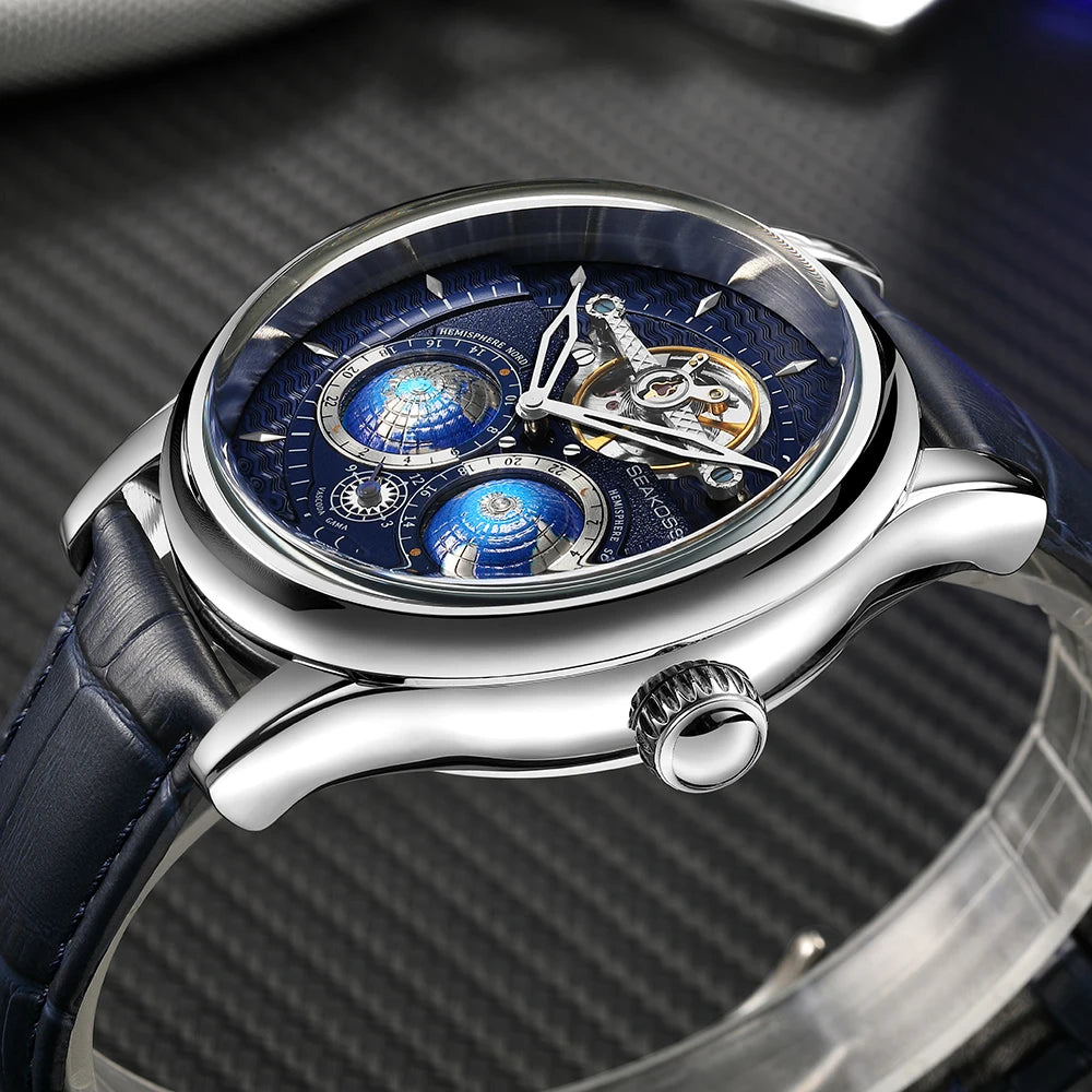 SEAKOSS Double Globe Automatic Rotating Men Mechanical Watches Earth Flywheel Device Men's Military Wristwatches 1963 Clock