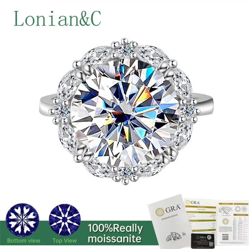 Lonian&C 5 Carat Luxury Moissanite Ring D Color 11mm Lab Diamond 925 Sterling Silver Wedding Promise Rings for Women Jewelry
