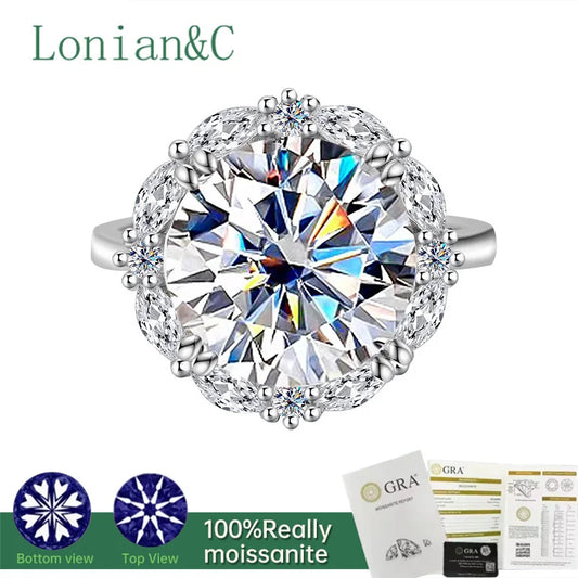 Lonian&C 5 Carat Luxury Moissanite Ring D Color 11mm Lab Diamond 925 Sterling Silver Wedding Promise Rings for Women Jewelry