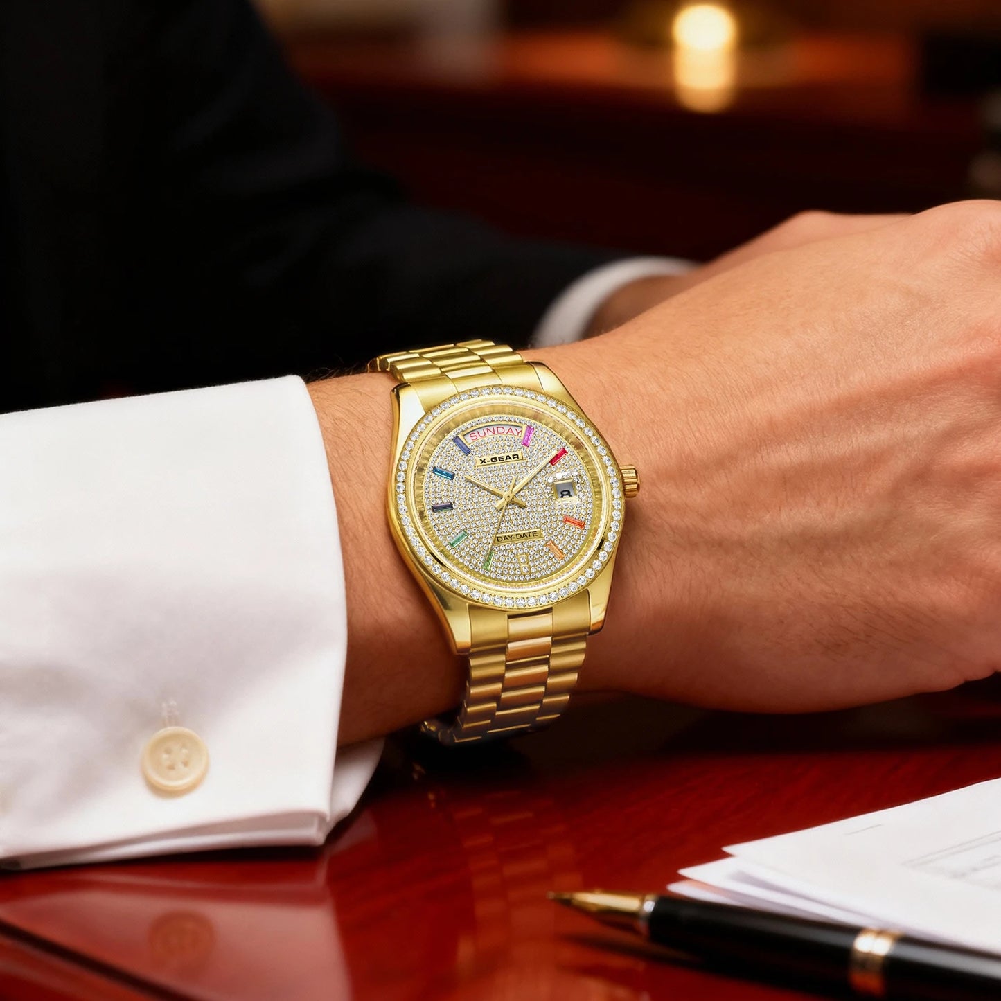 X-GEAR Men Luxury Watches Full diamond dial Diamond bezel Mechanical Watch Luminous Date Week Display Stainless Steel Case Strap