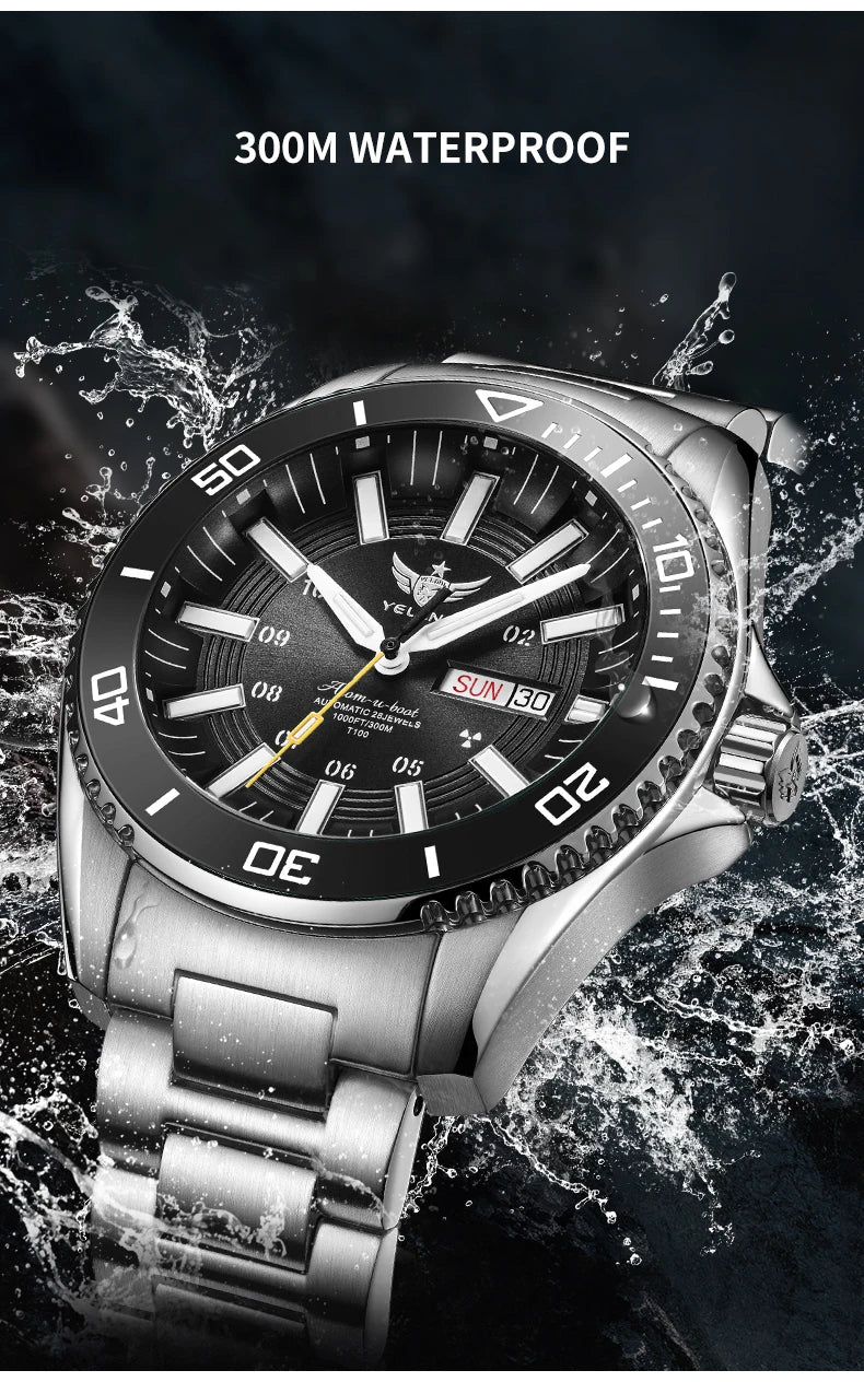 YELANG Automatic Mens Green Water Ghost Watches H3 T100 Self Luminous Wristwatch Waterproof 300m Turning Ceramic Bezel V1032