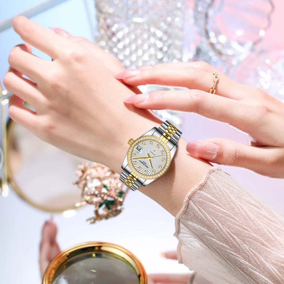 ROLENDO Classic Date Watches for Woman 32mm Sapphire Crystal 30ATM Butterfly Buckle Gold Luxury Diamond-set Automatic Wristwatch