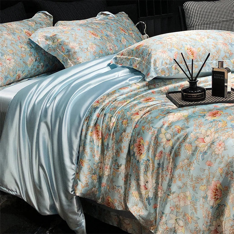 Floral Silk Bedding Set with Duvet Cover Bed Sheet Pillowcase Luxury Couple Single Double King Queen Soft Bedsheet Nordic Smooth