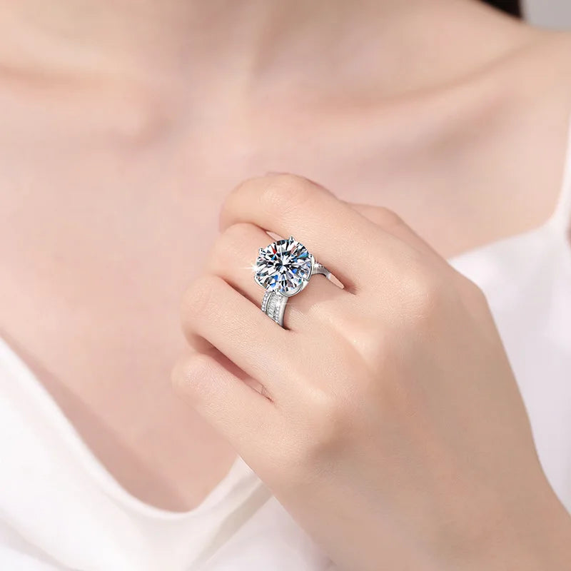 10 Carats 14mm Moissanite Ring Plated 18K Gold Brilliant Diamond 925 Sterling Silver Finger Band Women's Wedding Jewelry