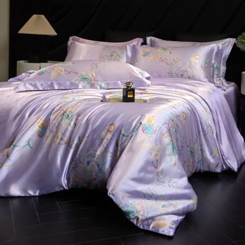 100% Natural Mulberry Silk Fitted Sheet Bedding Sets 3D Printed Satin Cooling Quilt Cover Set for Summer Single Double Bed Kit