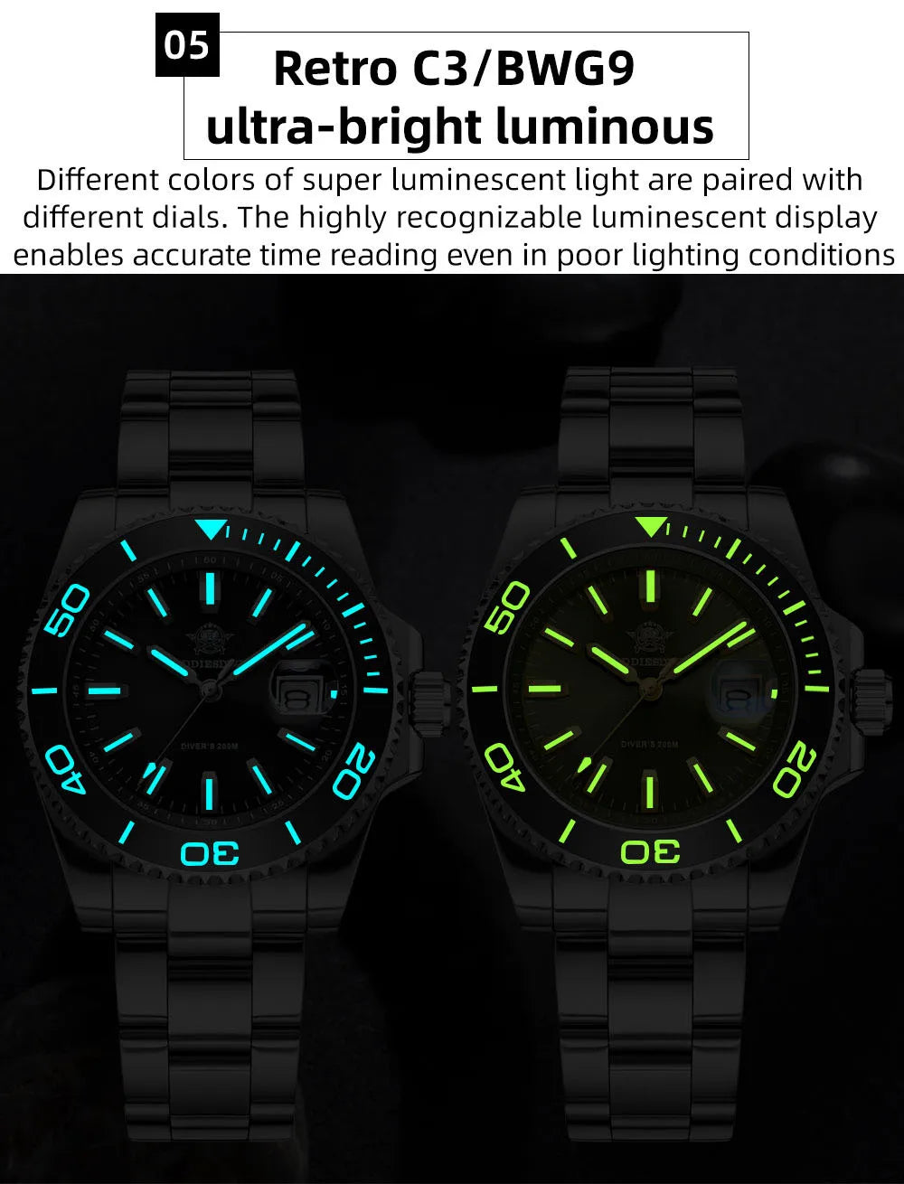 ADDIESDIVE New AD2510 Luxury Men's Diving Watch 41mm BGW9 Luminous Enamel Dial Screw-down Crown Durable Stainless Steel Strap
