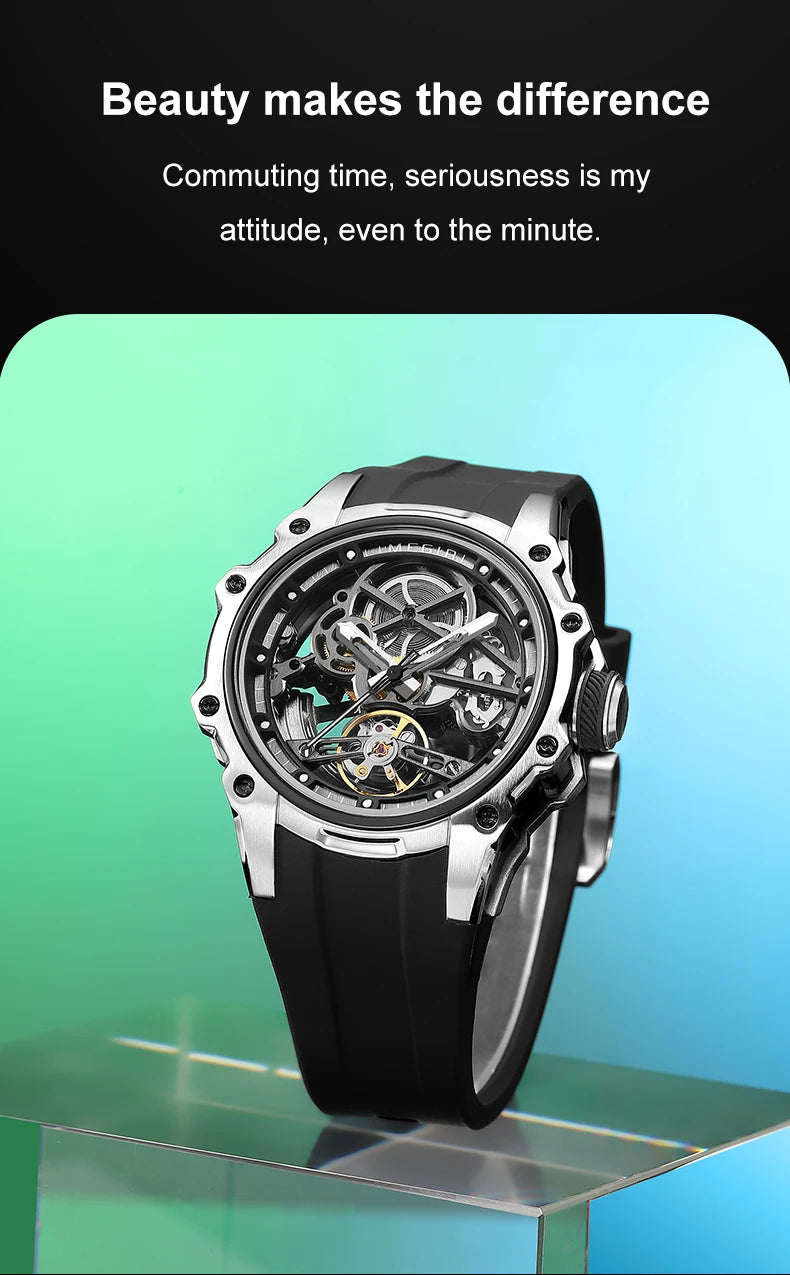MEGIR Skeleton Dial Automatic Mechanical Watch Men Stainless Steel Case Waterproof Luminous Sport Wristwatch with Silicone Strap