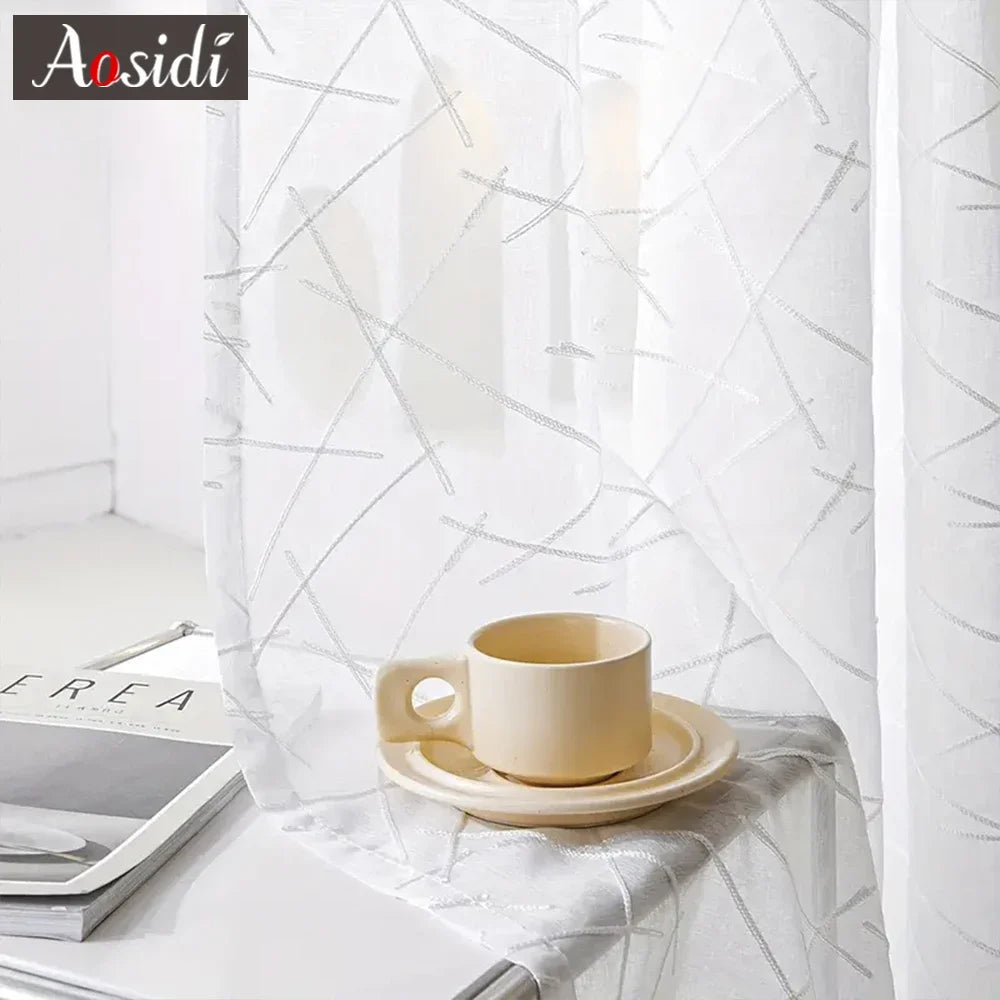 New Geometry White Embroidery Tulle Curtains for the Living Room Modern Sheer Curtain for Bedroom Window Blind Voile Custom Size