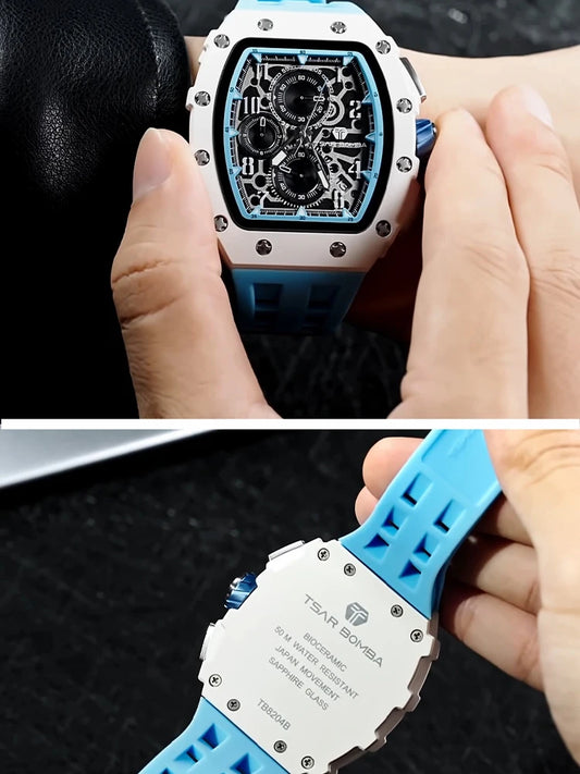 TSAR BOMBA Resin Watch for Men Tonneau Waterproof Mens Watches Top Brand Luxury Chronograph Sport Male White Wristwatches
