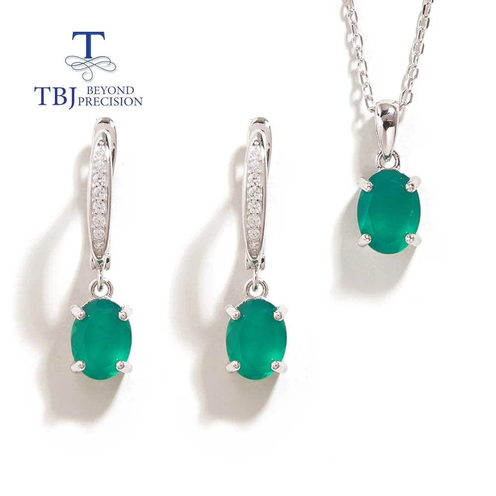 925 sterling silver Simple pendant natural green agate Necklace real gemstone Earrings Jewelry set Elegant gift for women