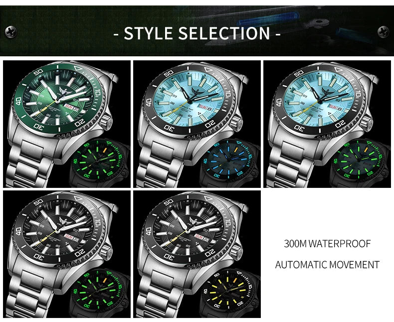 YELANG Automatic Mens Green Water Ghost Watches H3 T100 Self Luminous Wristwatch Waterproof 300m Turning Ceramic Bezel V1032