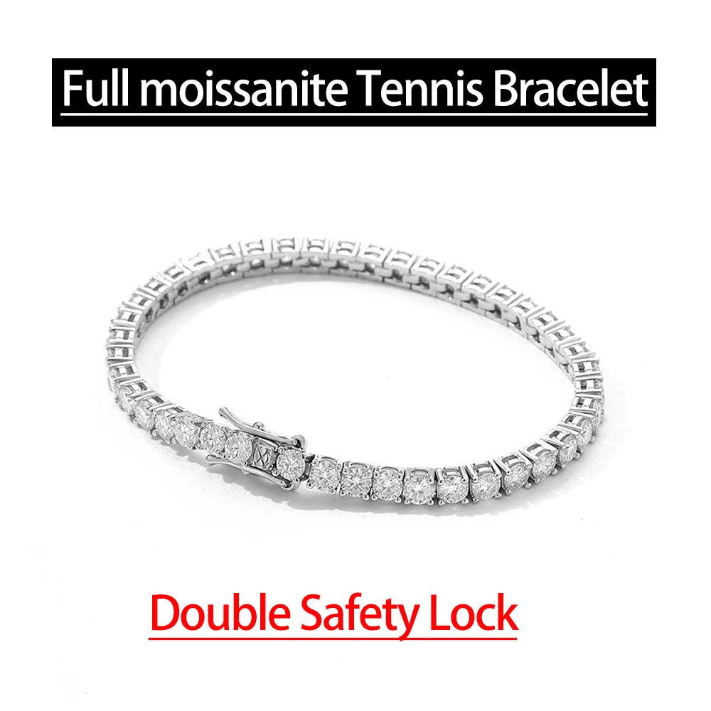 2mm 2.5mm 3mm 4mm 5mm Moissanite Tennis Bracelet for Women Men 100% S925 Sterling Silver Hidden Spring Lock Bracelet Plated 18K