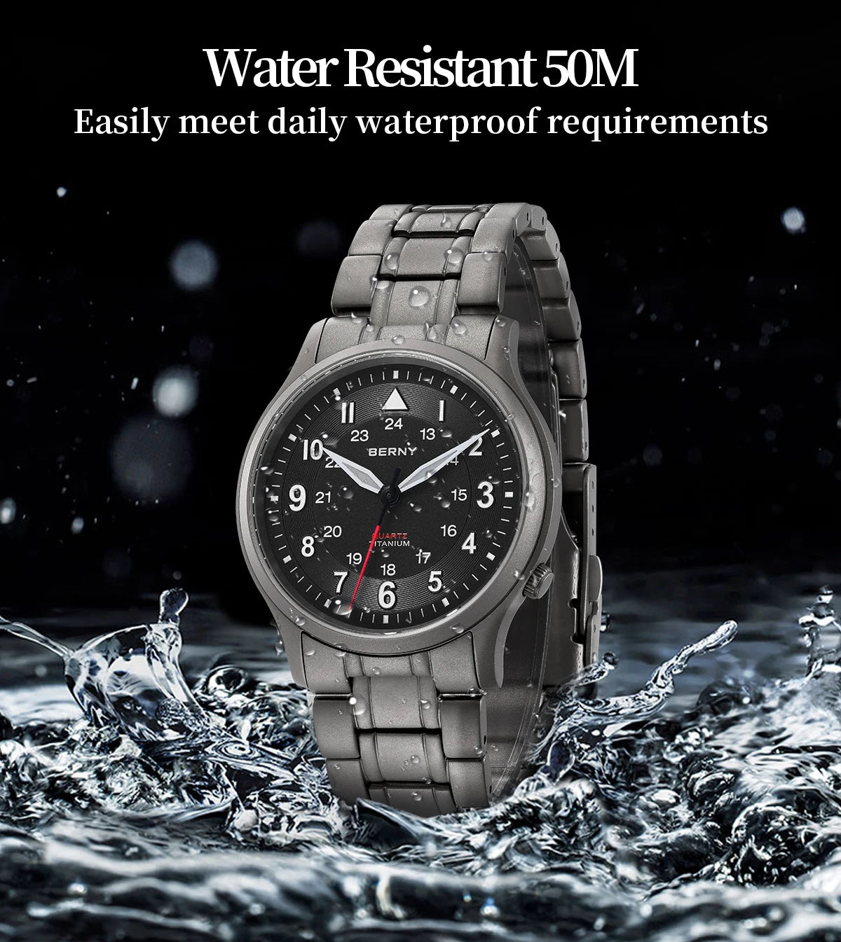 BERNY Full Titanium Watches for Men Outdoor Quartz Men's Field Pilot Wristwatch VH31 Super Luminous Sapphire Easy Read Watch