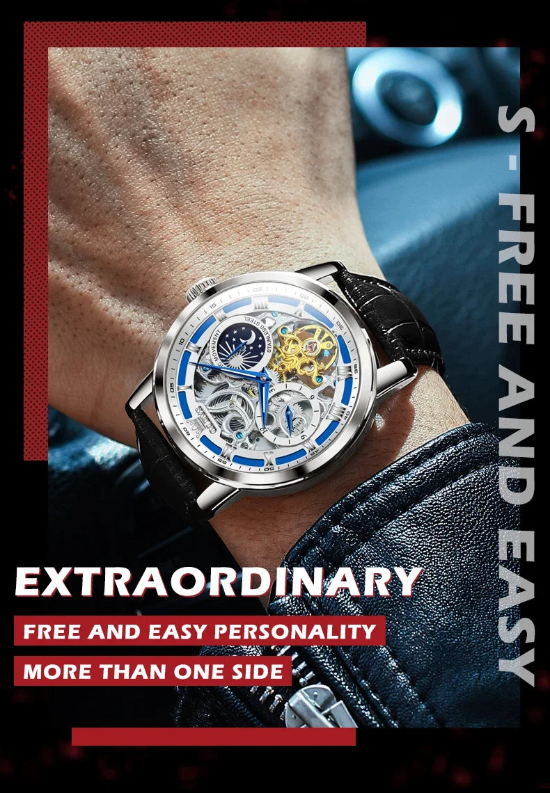 OLEVS 6670 Mechanical Fashion Watch Genuine Leather Watchband Round-dial Moon Phase Month Display