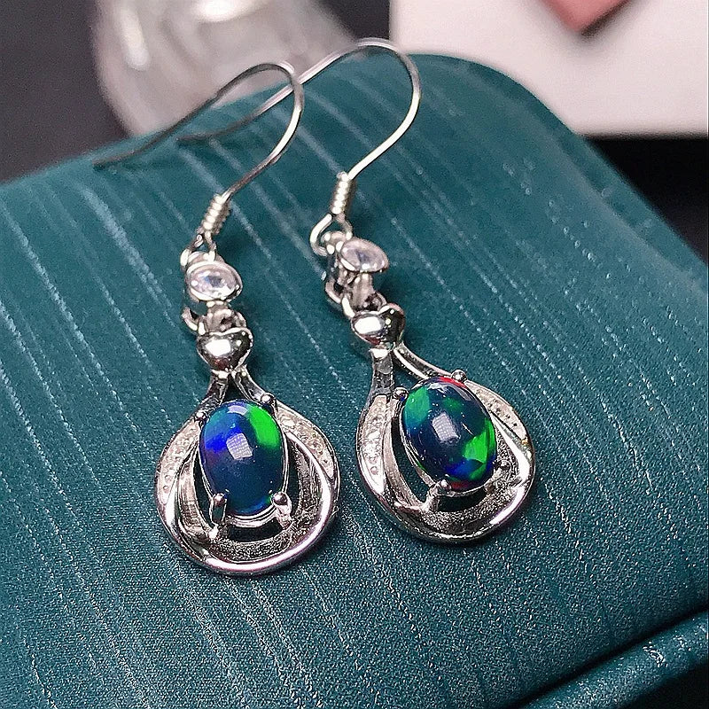 MeiBaPJ 5*7 Natural Black Opal Gemstone England Ear Drop Earrings for Women Real 925 Sterling Silver Charm Fine Wedding Jewelry