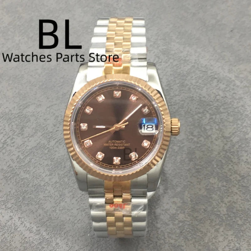 BLIGER Luxury Brown Dial Diamond Time Marks Watches For Men 36mm39mm Two Tone Rose Gold NH35 Movement Sapphire Glass Waterproof